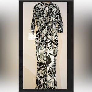 ZARA khaki green tropical print long sleeve jumpsuit